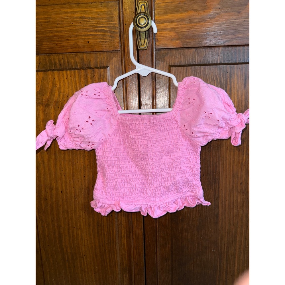 Rare Editions Toddler Girls Pink Smocked Eyelet Puff Sleeve Crop Top 2T